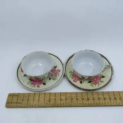 3 Vintage Japanese tinplate doll house cup and saucers with extra cup
