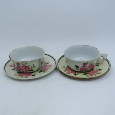 3 Vintage Japanese tinplate doll house cup and saucers with extra cup