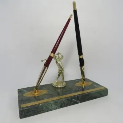 Vintage Golfing trophy pen stand - One pen broken and one needs refill
