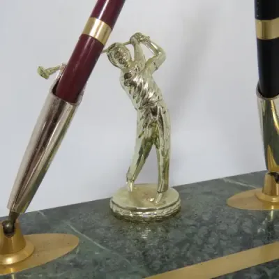 Vintage Golfing trophy pen stand - One pen broken and one needs refill