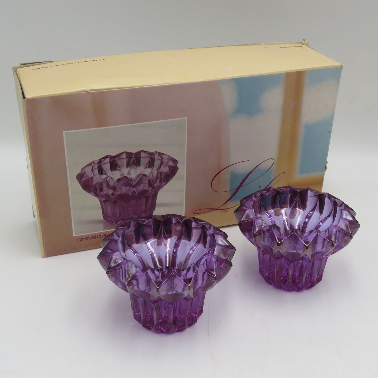Pair of beautiful Lilas crystal candle holders in box