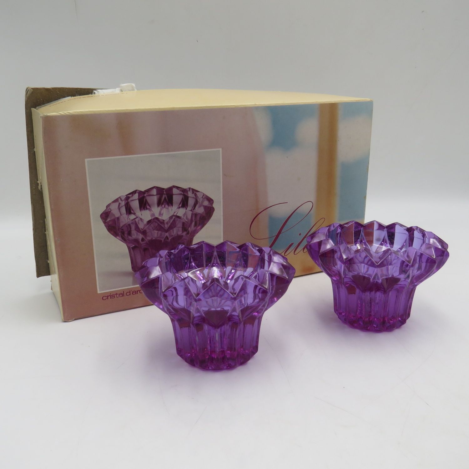 Pair of beautiful Lilas crystal candle holders in box