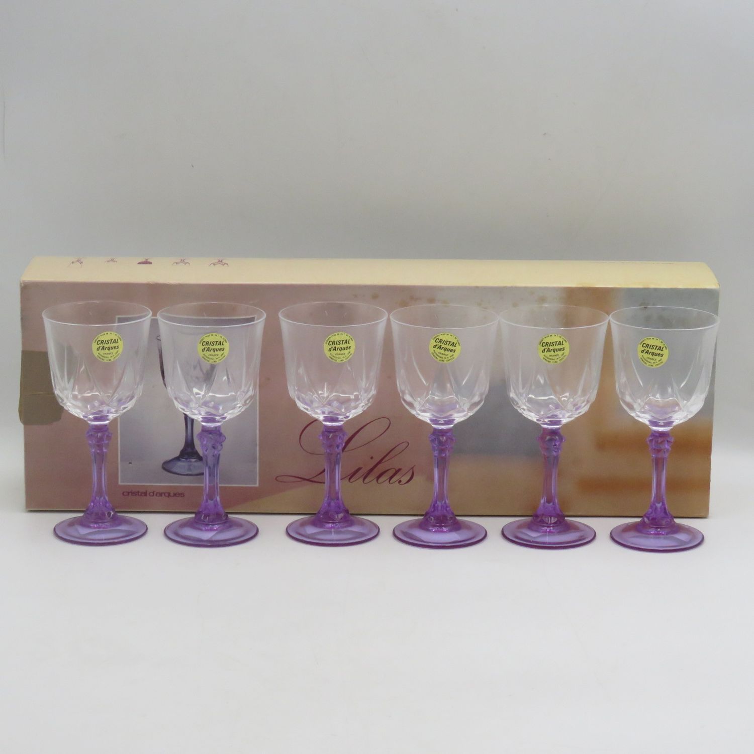Set of 6 vintage Lilas crystal glasses in box