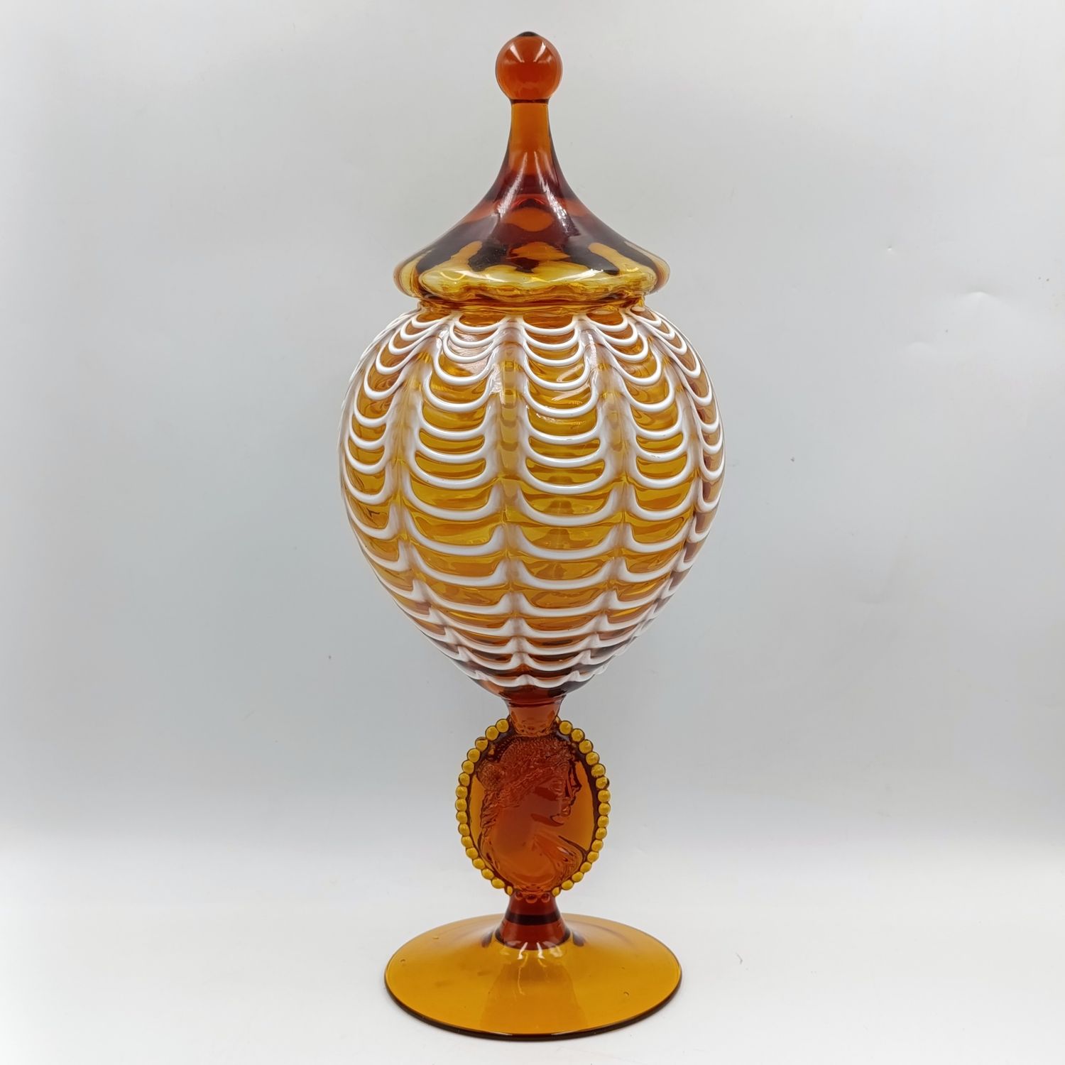 Vintage Italian Cameo Murano glass draped amber vase compote with lid - origin empoli
