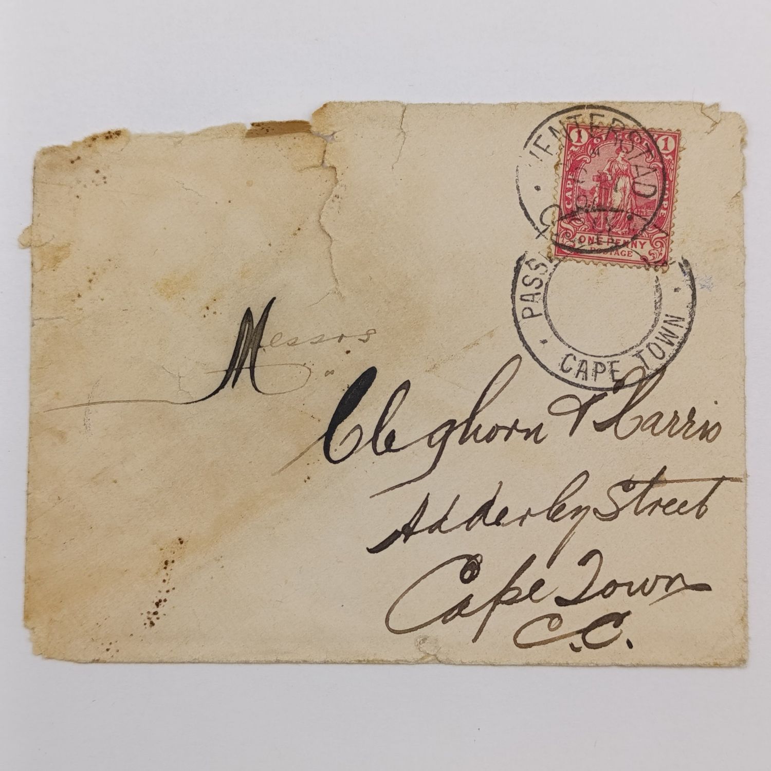 Damaged Boer War cover. Venterstad to Cape Town 21 October 1901 with Cape of Good Hope stamp used Passed by Censor Cape Town rubber stamp