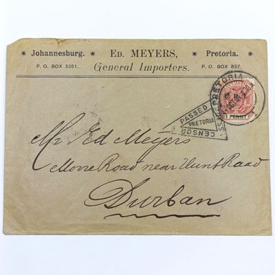 Censored cover - Boer War period - Pretoria to Durban - 1 Penny ZAR stamp cancelled 4 October 1901 - Receiving cancel wrongly set as 7-00-01 instead of 7-10-01
