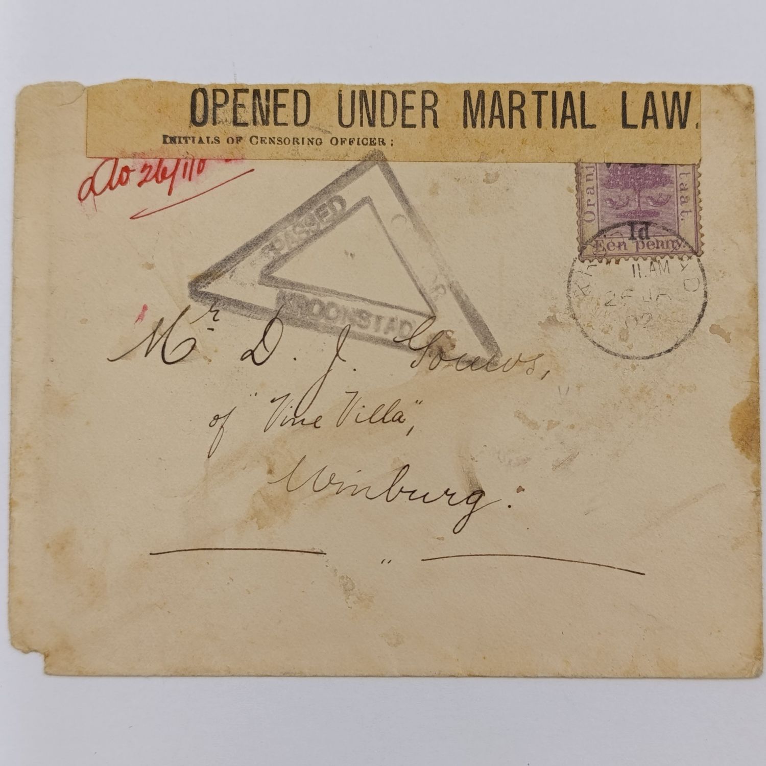 Boer War cover Kroonstad to Winburg with Opened under Martial Law sticker and passed by censor Kroonstad rubber cancel - 1d Free State stamp - arrival backstamp 27 January 1902