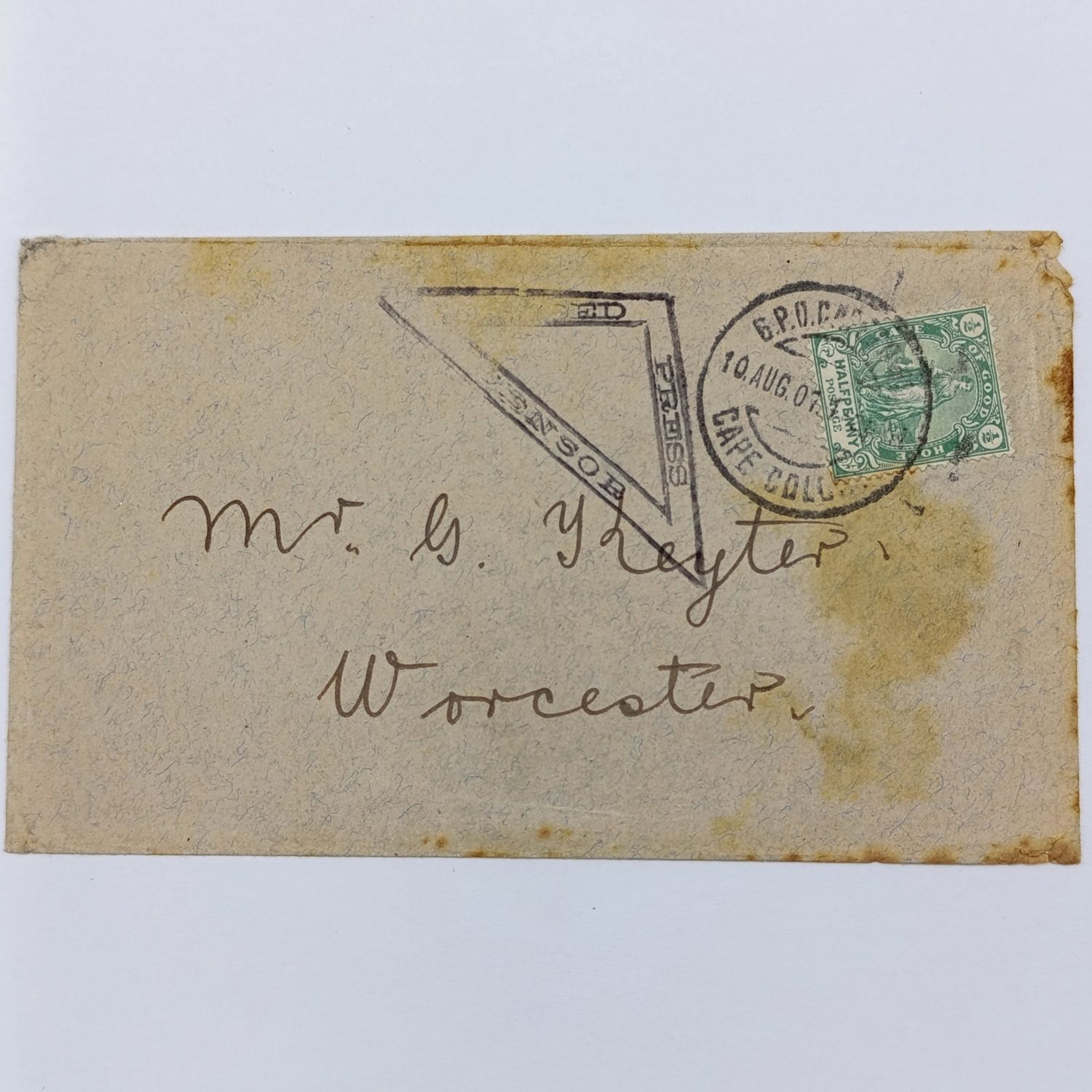 Boer War censored cover 10 August 1901 to Worcester with 11 August arrival cancel