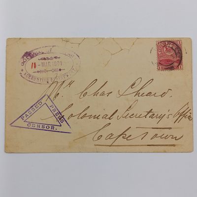 Boer War postal cover to the Colonial secretary&#39;s office in Cape Town with Cape Town arrival backstamp and Cape of Good Hope stamp cancelled Worcester
