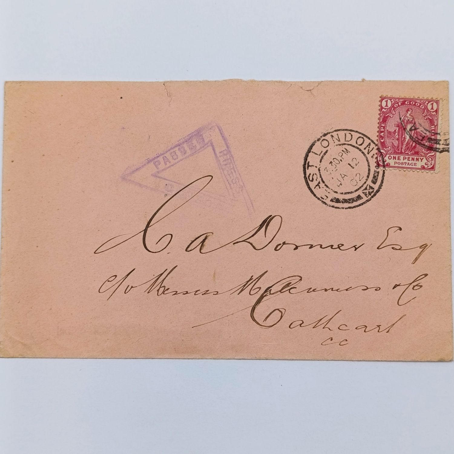 East London to Cathcart Boer War cover with Cape of Good Hope stamp cancelled 2 January 1902 - Passed by censor triangle