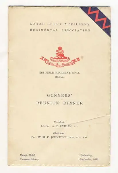 Gunners reunion dinner Natal field artillery, 1952 - Menu