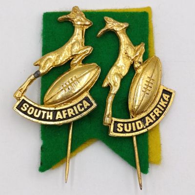 Vintage Springbok Rugby pin brooches - in English and Afrikaans