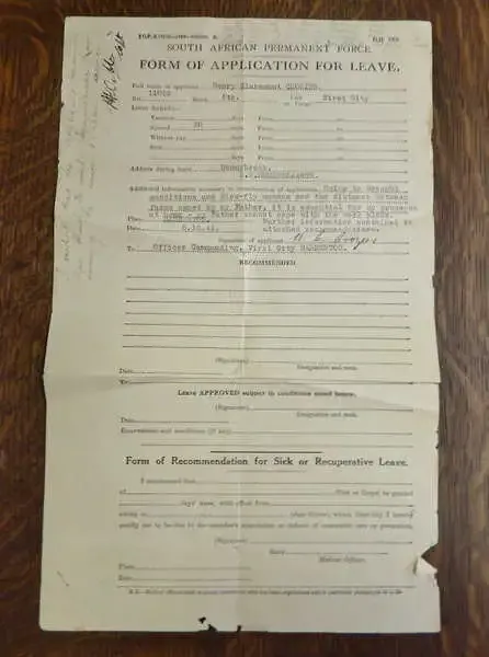 WW2 SA Permanent Force Application for leave document for HC Grozier - First city regiment