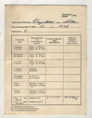 1915 South Africa Immunisation card for Elizabeth van Staden born 31-01-1896