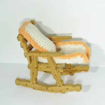Vintage doll`s furniture - Rocking chair made from pegs - With cushion and floor mat