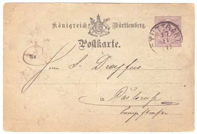 Pre-printed - Konigreich Burttemberg Postkarte - from Stuttgart - Stamp : K-Wurrt 5 Pennies