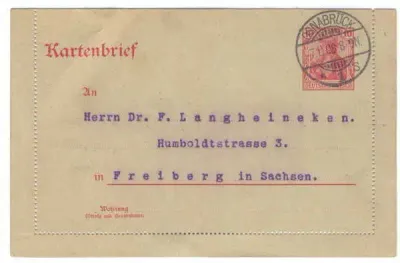 Pre-printed Kartenbrief - from Osnabruck to Freiburg - 8 Nov 1908 - Stamp : 10 Mark