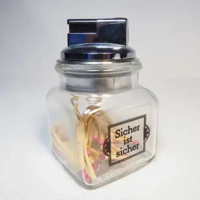 Crown gas table lighter with matches - `sicher ist sicher` (just to be sure)