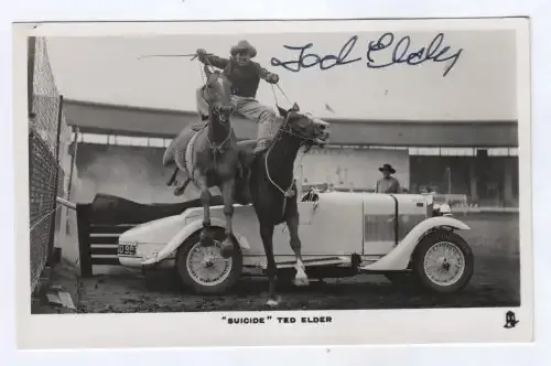 A signed original promotional photo postcard of `SUICIDE TED ELDER` - Texas Rodeo performer