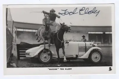 A signed original promotional photo postcard of `SUICIDE TED ELDER` - Texas Rodeo performer