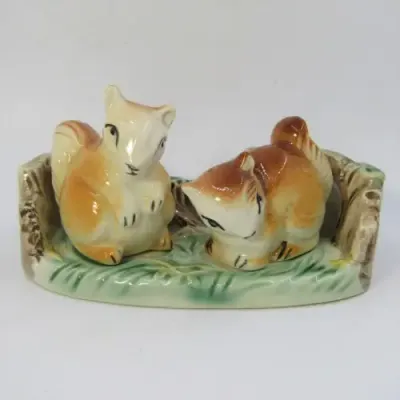 Vintage porcelain squirrels salt and pepper shaker on stand