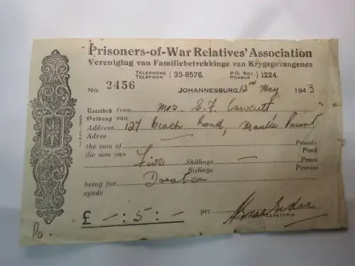 WW2 Prisoners-of-war relative`s association receipt 1943 - Johannesburg - 5 shillings donated