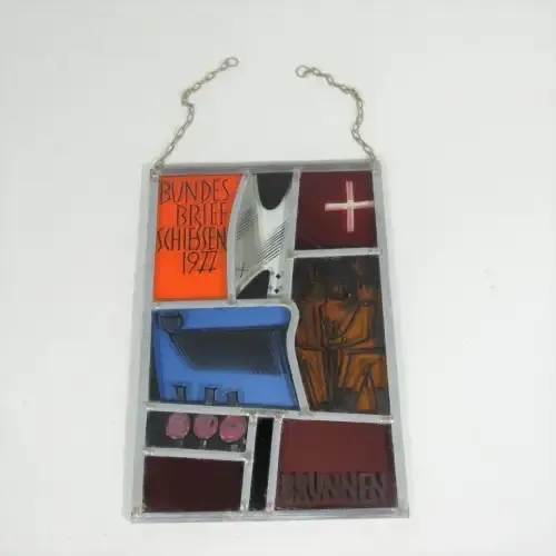 Bundes Brief Schiessen 1977 Brunnen stained glass window hanging