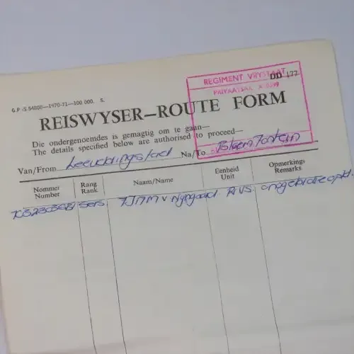 SADF Route Form to sergeant FJAM van Wyngaard from Leeudoringstad to Bloemfontein