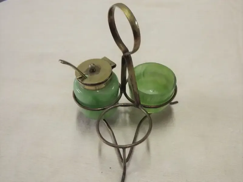 Vintage green glass condiment set - Missing one item