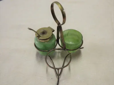 Vintage green glass condiment set - Missing one item