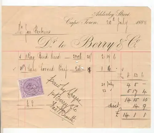 Ephemera - 1885 Old Cape Town account - Dr Berry and Co.