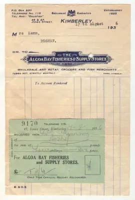 Statement and receipt 1936 for the Algoa Bay Fisheries and Supply stores in Kimberly