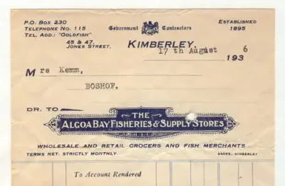 Statement and receipt 1936 for the Algoa Bay Fisheries and Supply stores in Kimberly