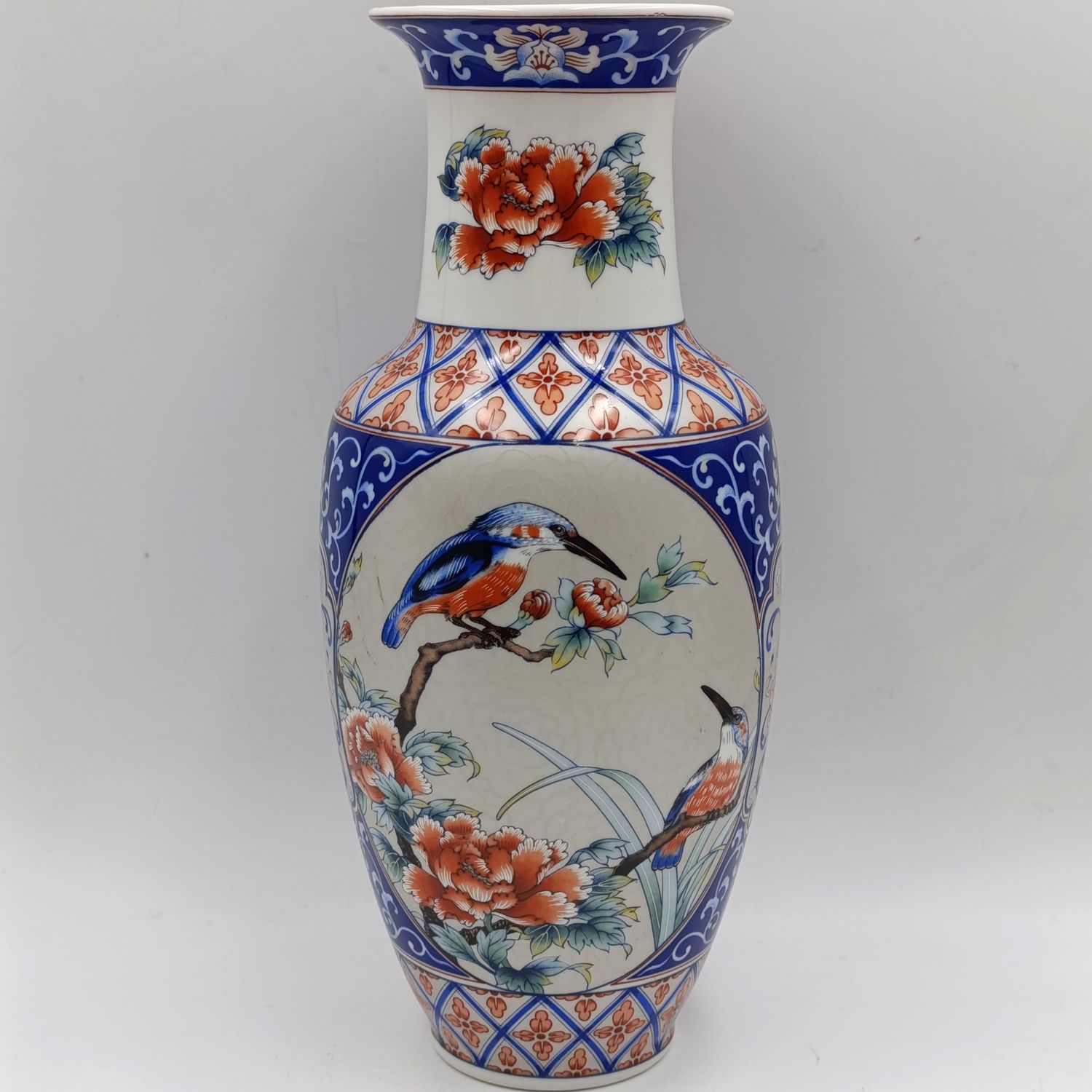 Vintage Japanese Kingfisher and floral design flower vase