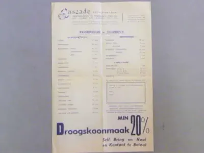 Cascade Stellenbosch Dry Cleaners and Laundries tariff pamphlet