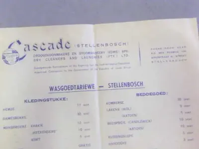 Cascade Stellenbosch Dry Cleaners and Laundries tariff pamphlet