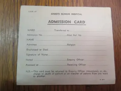 1952 Groote Schuur Hospital Admission card