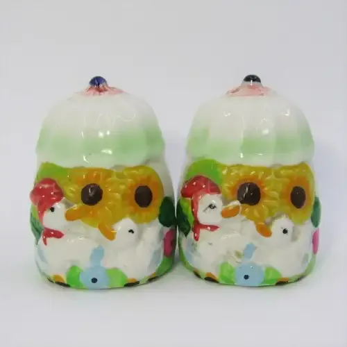 Pair of porcelain salt and pepper shakers with ducks and flowers