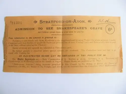 1906 Ticket to see Shakepear`s Grave - Stratford-on-Avon
