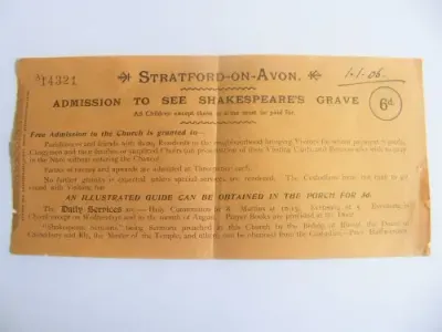 1906 Ticket to see Shakepear`s Grave - Stratford-on-Avon