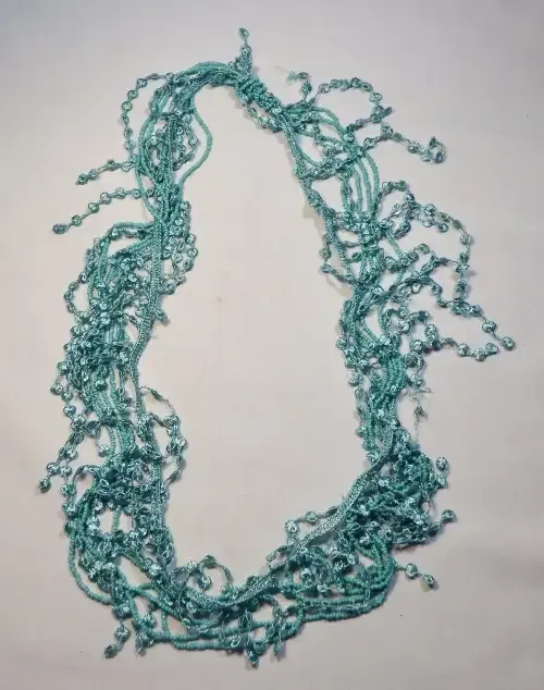 Blue bead and material necklace - 47 cm long