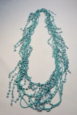 Blue bead and material necklace - 47 cm long