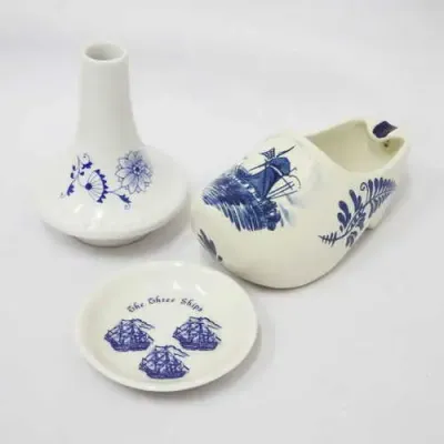 Huguenot Fine China flower vase , The Three Ships small trinket bowl and RJL ashtray