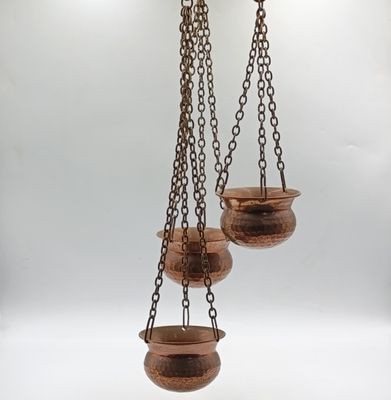 Set of 3 Antique copper flower pots with brass hook