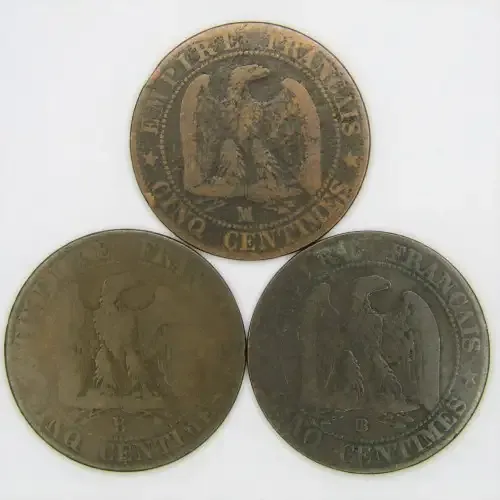 1855 France 5 Centimes W, B and BB mintmarks - sold as a lot