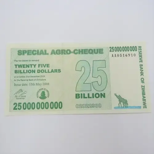 Zimbabwe 25 Billion dollars special AGRO-CHEQUE 15 May 2008 AA Series - Uncirculated ZW 97