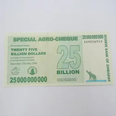 Zimbabwe 25 Billion dollars special AGRO-CHEQUE 15 May 2008 AA Series - Uncirculated ZW 97