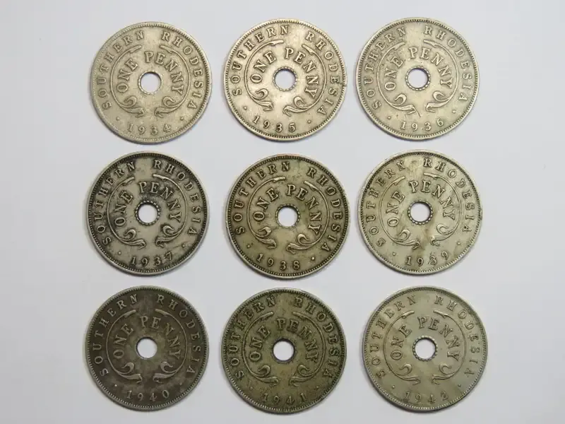 Southern Rhodesia Full set of copper - nickel pennies 1934 to 1942