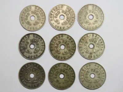 Southern Rhodesia Full set of copper - nickel pennies 1934 to 1942
