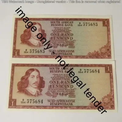 TW de Jongh 3rd issue Pair of uncirculated R1 notes with Consecutive numbers